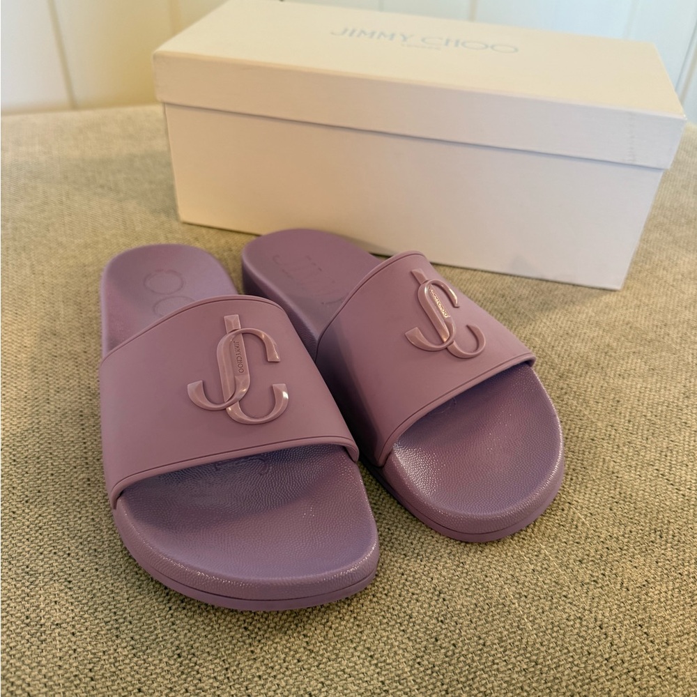 Jimmy Choo Purple Rubber Monogram Slides - Picture 3 of 4